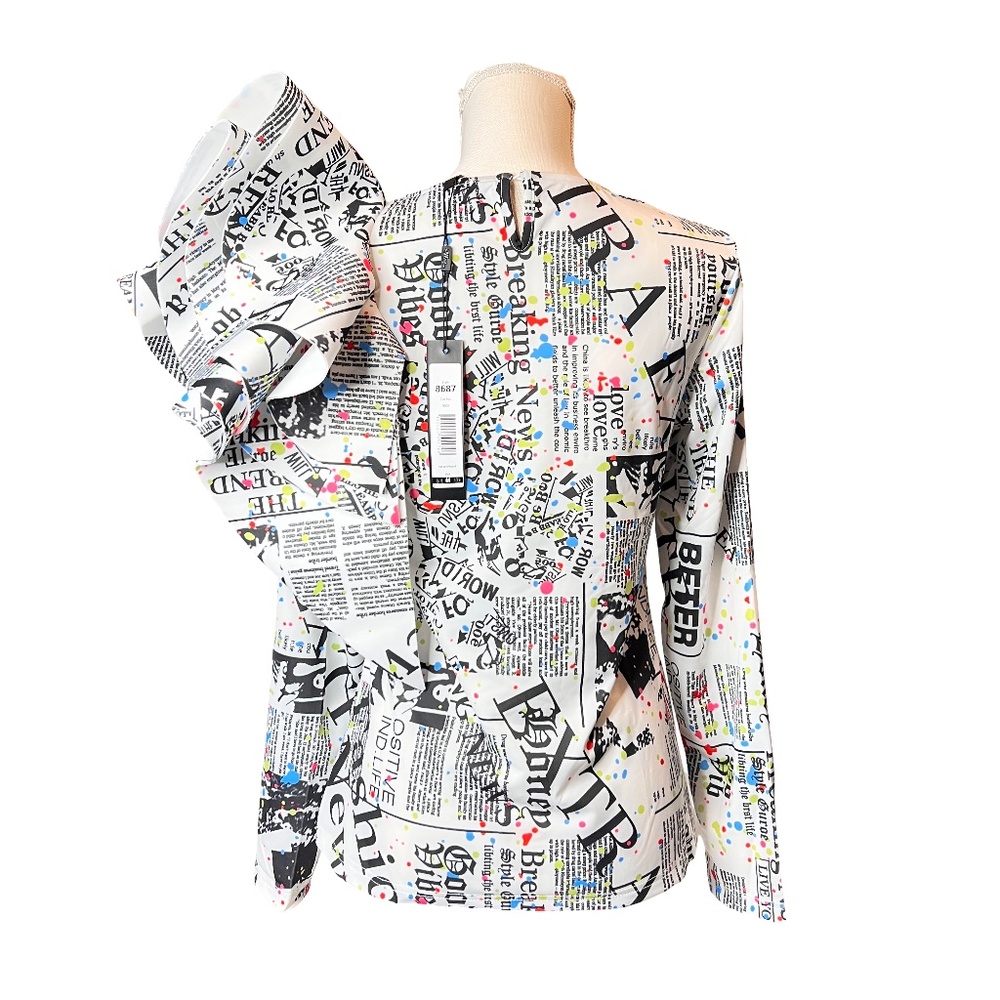 #A019 – For Her NYC Multi-Print Ruffle Shoulder Dopamine Blouse –  M (NWT) - Picture 3 of 12